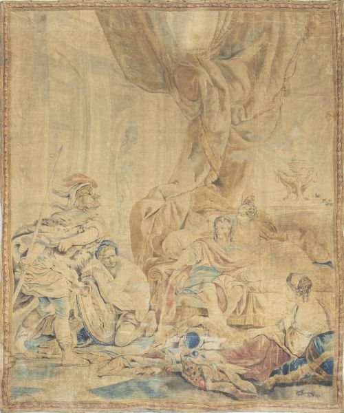 Tapiz con escena mitológica pintada sobre tela. Firmado y f