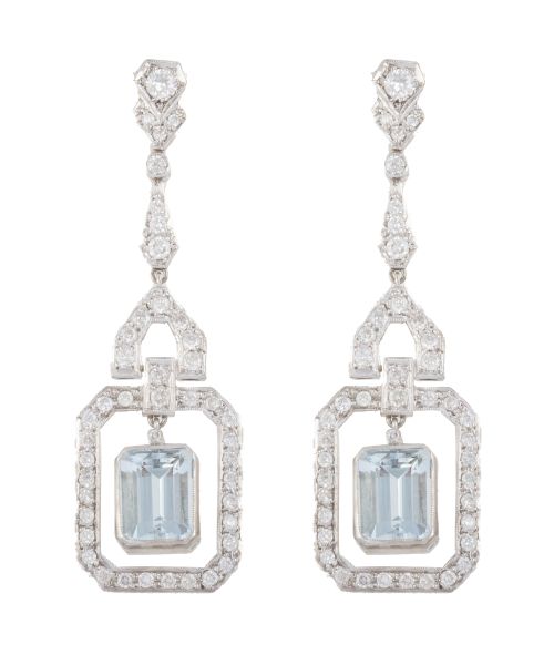 Pendientes largos estilo Art-Decó de brillantes y aguamarin