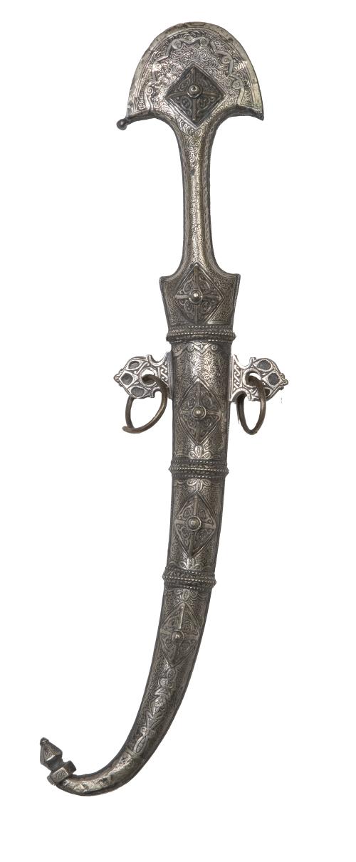 Gumia en plata y metal, decoración grabada de hojas.Marru