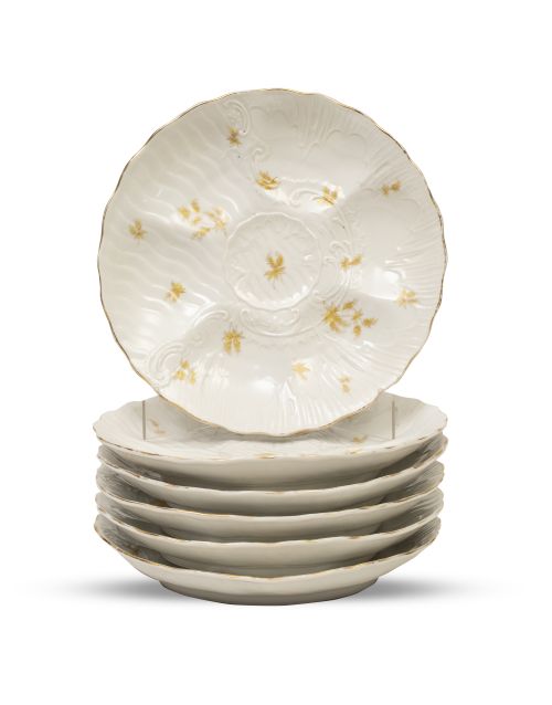 Juego de seis platos para ostras de porcelana esmaltada con