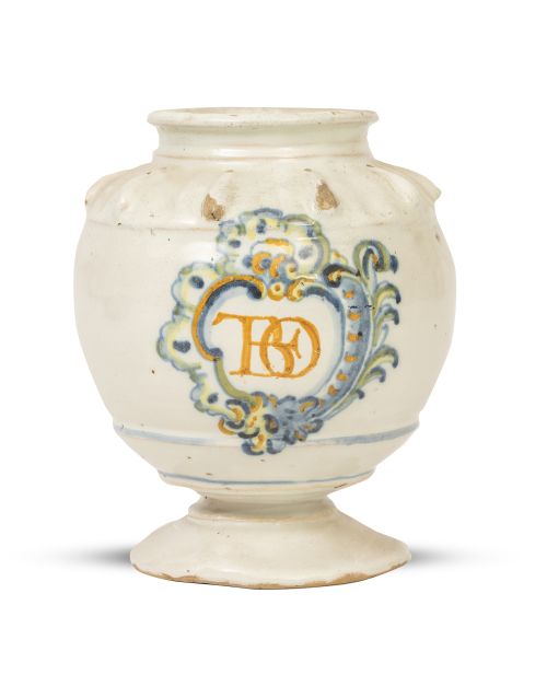 Orza de farmacia cerámica esmaltada con cartela y las inici