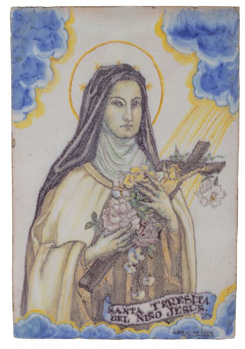 Azulejo de cerámica esmaltada con Santa Teresita del Niño J