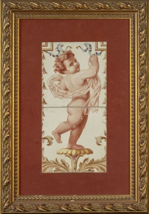 Dos azulejos de cerámica esmaltada con "putti".h. 1900.