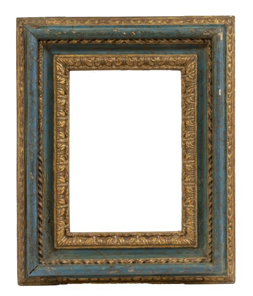 Marco de madera tallada, policromada de verde y dorada, dec