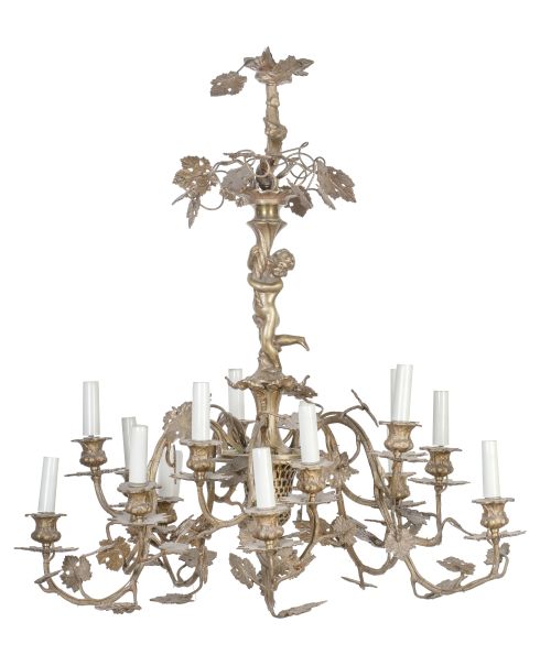 Lámpara de bronce dorado de quince luces con pámpanos y put