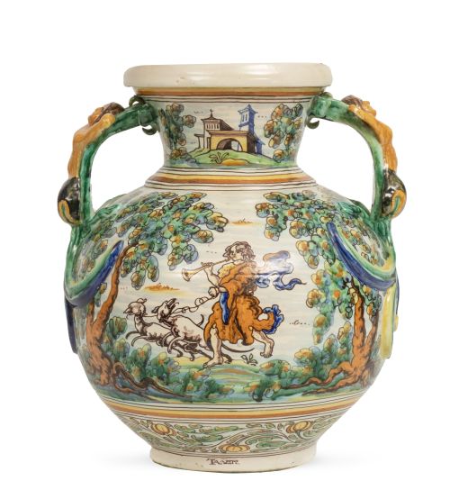 Jarra de cerámica esmaltada con asas con forma antropomorfa