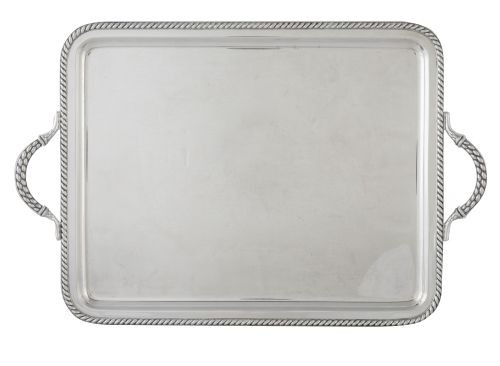 Bandeja rectangular de plata con asas con decoración de cor