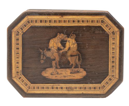 Caja de madera con marquetería y dos personajes populares s