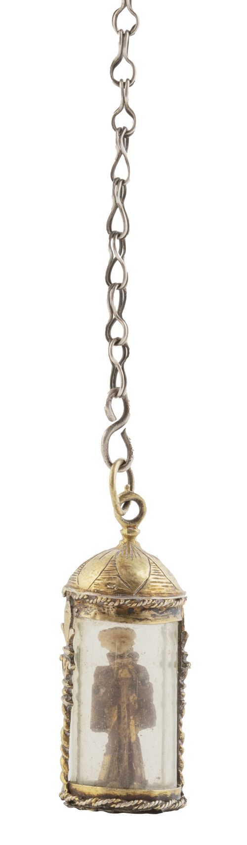 Relicario con forma de templete con vitral montado en plata