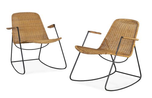 Pareja de sillas hierro y  de mimbre.h. 1950.