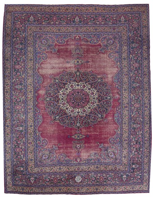 Antigua alfombra en lana de campo rojo y cenefa con palmeta