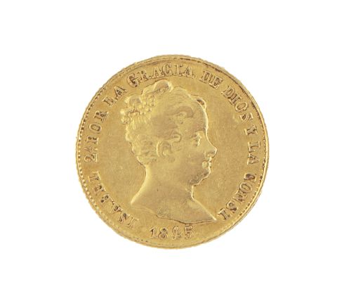 Moneda de 80 reales de Isabel II en oro, 1845. B. PS
