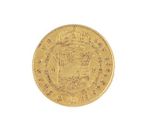 Moneda de 80 reales de Isabel II en oro, 1845. B. PS