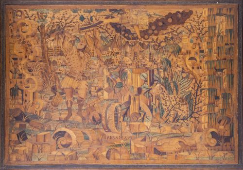 Cabinet de dos cuerpos con marquetería de maderas finas, ma