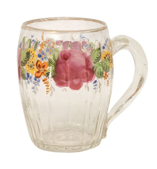 Jarra de vidrio transparente con flores pintadas.La Granj