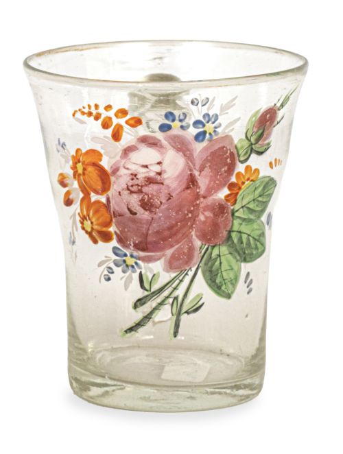 Jarrita de vidrio transparente pintado con flores pintadas.