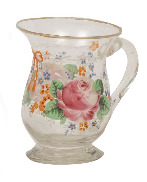 Jarrita de vidrio transparente pintado con flores y lazos.