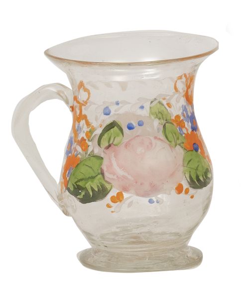 Jarrita de vidrio transparente con flores y hojas pintadas 