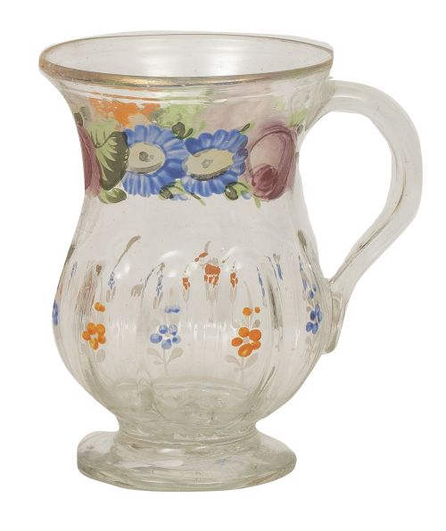 Jarrita de vidrio transparente con flores pintadas.La Gra