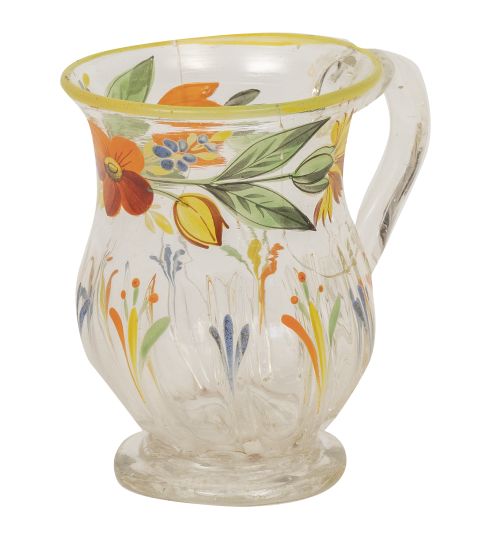 Jarrita de vidrio transparente con flores y hojas pintadas 