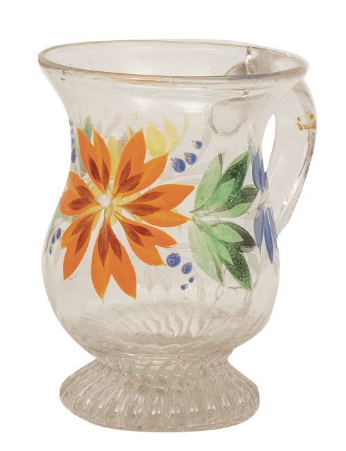 Jarrita de vidrio transparente con flores y hojas pintadas 