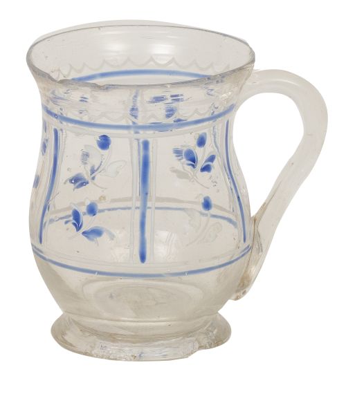 Jarrita de vidrio transparente con decoración en azul y bla