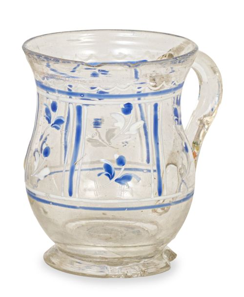 Jarrita de vidrio transparente con decoración en azul y bla