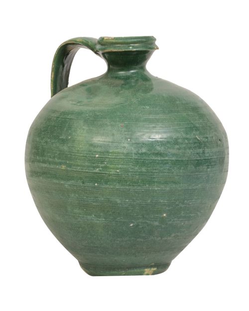 Orza con asa de cerámica esmaltada en verde.Triana, S. XI