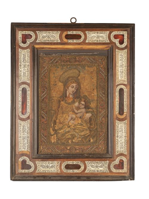 Virgen de la Leche.Bordado pintado, con hilos entorchados
