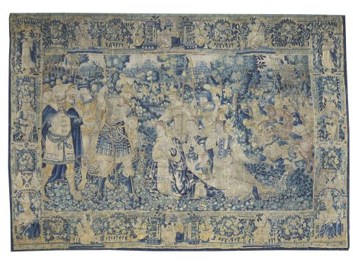 Tapiz en lana con escena de victoria y al fondo soldados a 