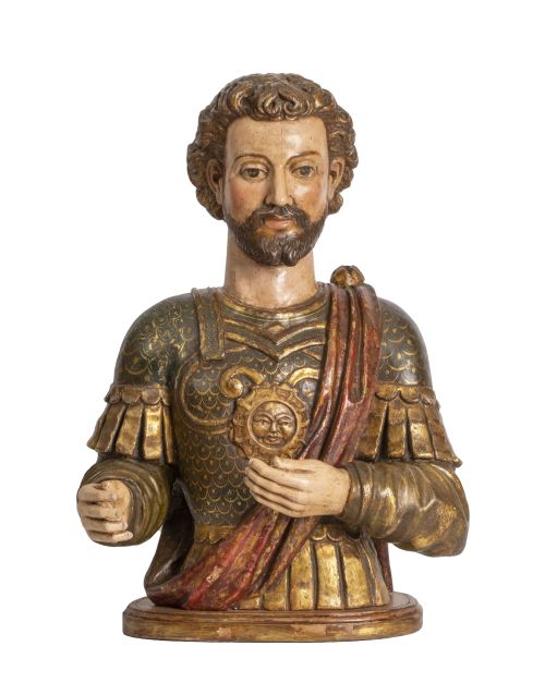 Santo.Busto relicario de madera tallada, policromada y do