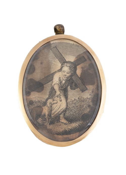 Marco oval en oro bajo S.XIX con cristal y grabado en inter