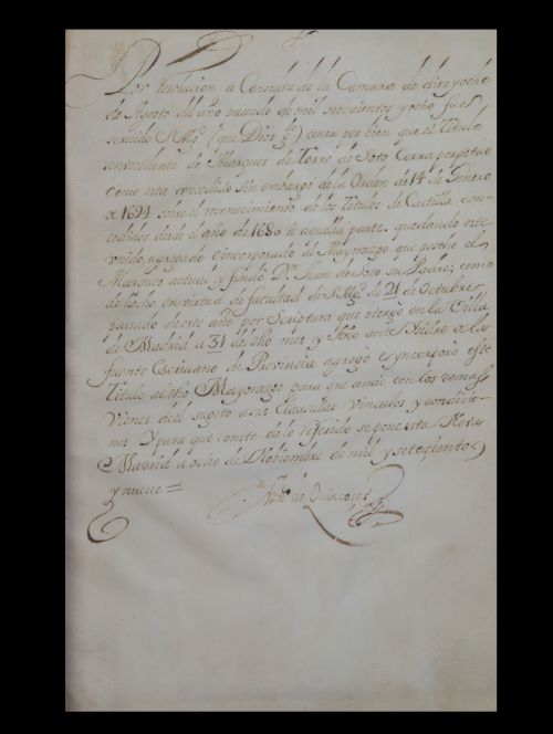 Despacho de concesión del título de Marqués de Torre de Sot