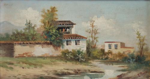 ESCUELA ESPAÑOLA, SIGLO XIXPaisaje con casas a orillas de