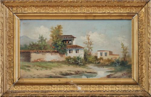 ESCUELA ESPAÑOLA, SIGLO XIXPaisaje con casas a orillas de