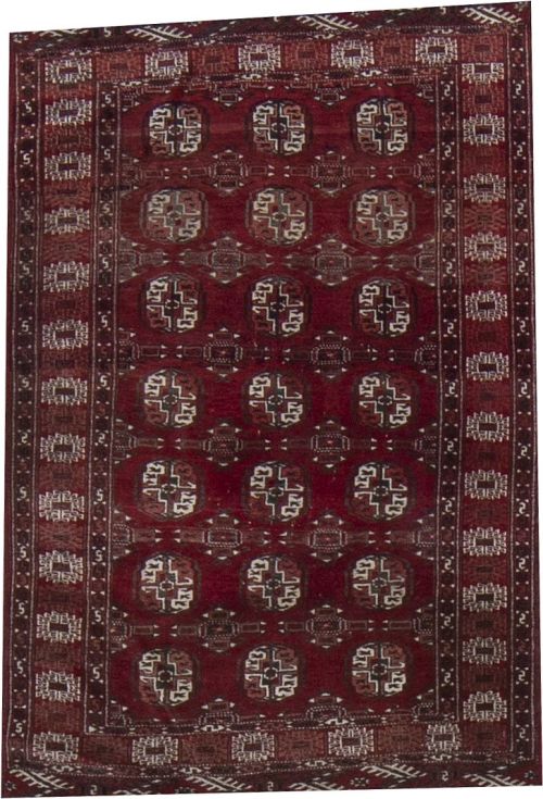 Alfombra Tekke de campo granate y decoración geométrica.T