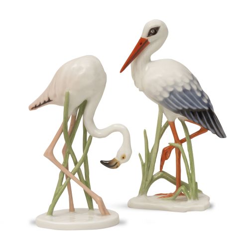 Dos aves zancudas de porcelana esmaltada.Rosenthal, Alema