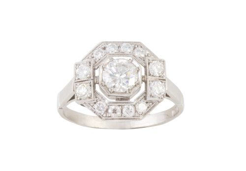 Sortija octogonal de brillantes con brillante con centro de