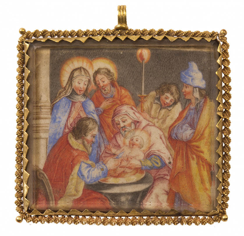 Colgante S. XVII con escena de circuncisión de Cristo pinta