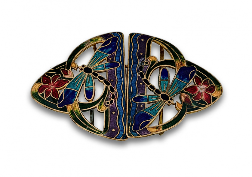Hebilla Art Nouveau de esmaltes con libélulas y flores; en 