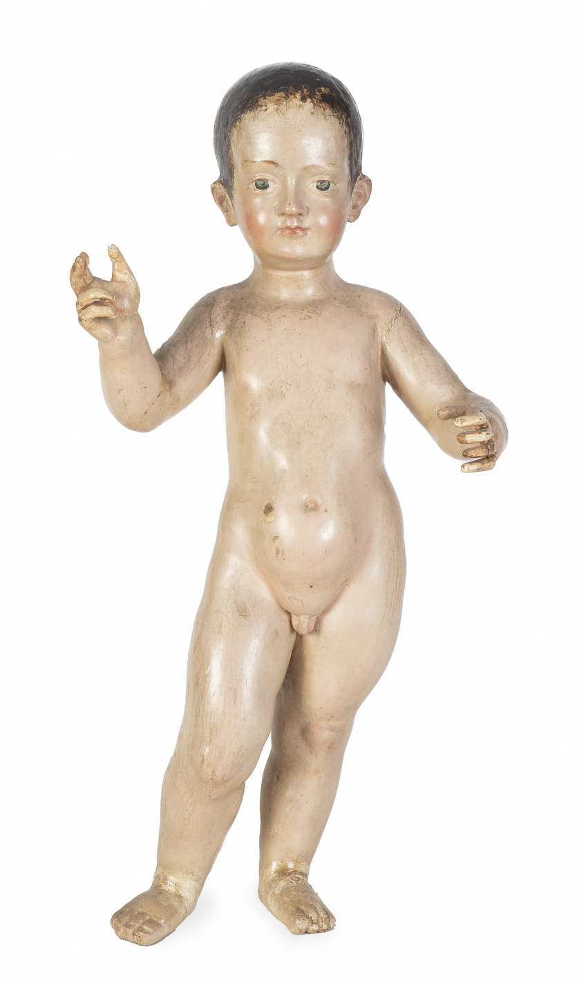 Niño Jesús como Salvator Mundi.Escultura en madera tallad