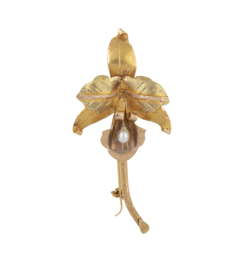 Broche en forma de orquídea de pp. S. XX con perla fina cen