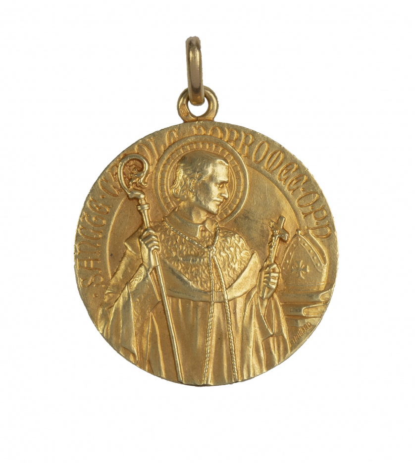 Medalla colgante francesa de pp. S. XX con San Carlos Borro