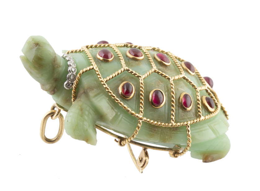 Broche-colgante años 50 en forma de tortuga de jade, decora