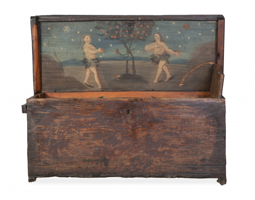 Arca de marinero Carlos IV de madera de álamo pintada, deco
